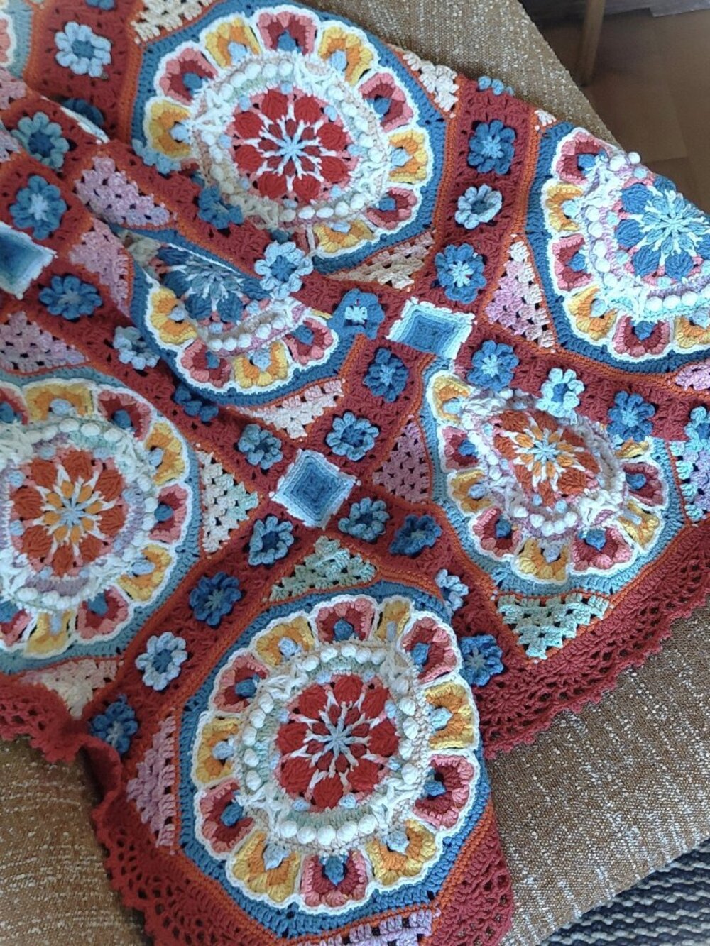 Handmade Crochet Throw Blanket Afghan Spinning Top 100% Cotton Boho Colorful